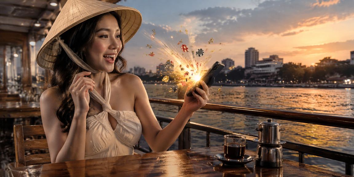 Người phụ nữ Hà Nội đội nón lá truy cập casino trên điện thoại di động