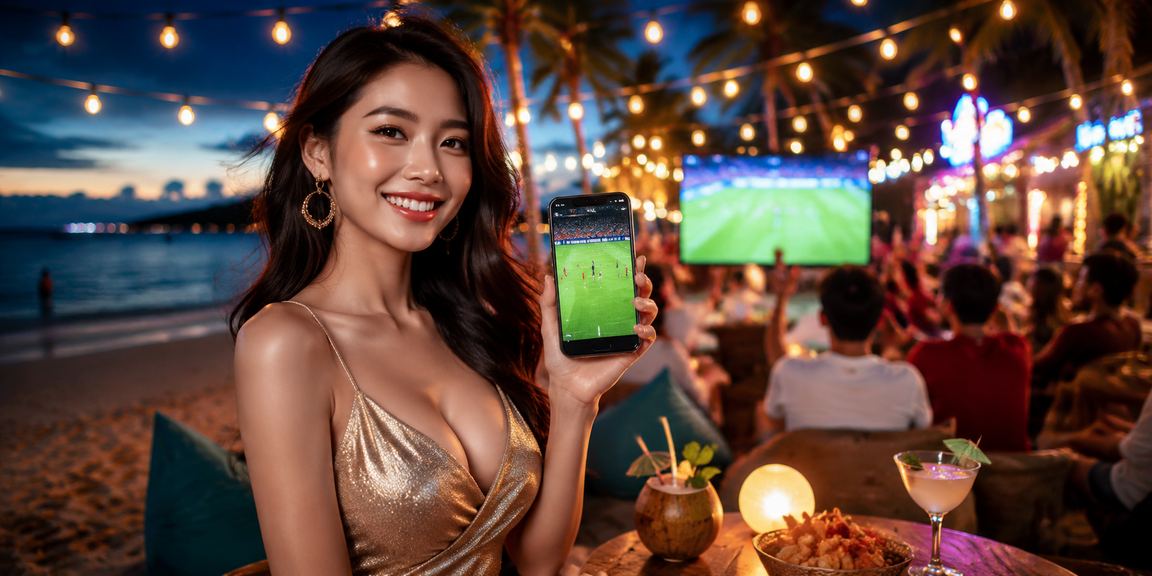 Người dùng tại bãi biển Phú Quốc theo dõi kèo bóng đá và nhận thưởng cá cược